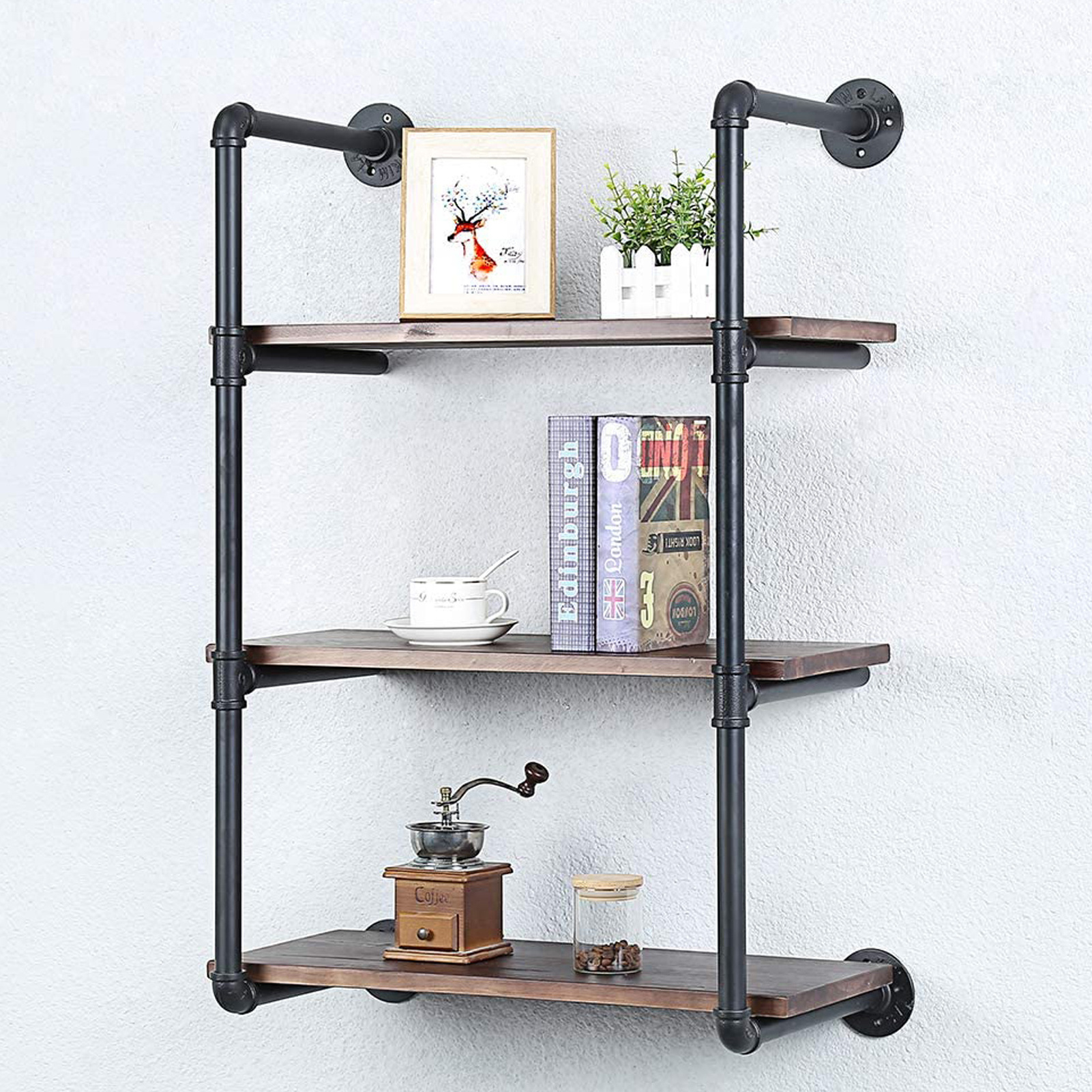 3 Tier Wall Shelf Hanging Storage Furniture Metal Antique Industrial Vintage Rustic Solid Wood Mounted Wall Floating Shelves