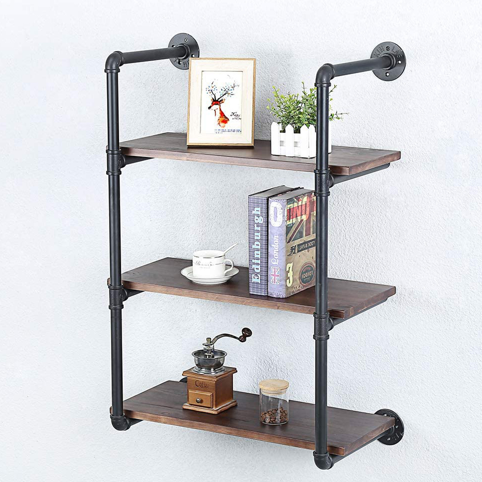 3 Tier Wall Shelf Hanging Storage Furniture Metal Antique Industrial Vintage Rustic Solid Wood Mounted Wall Floating Shelves