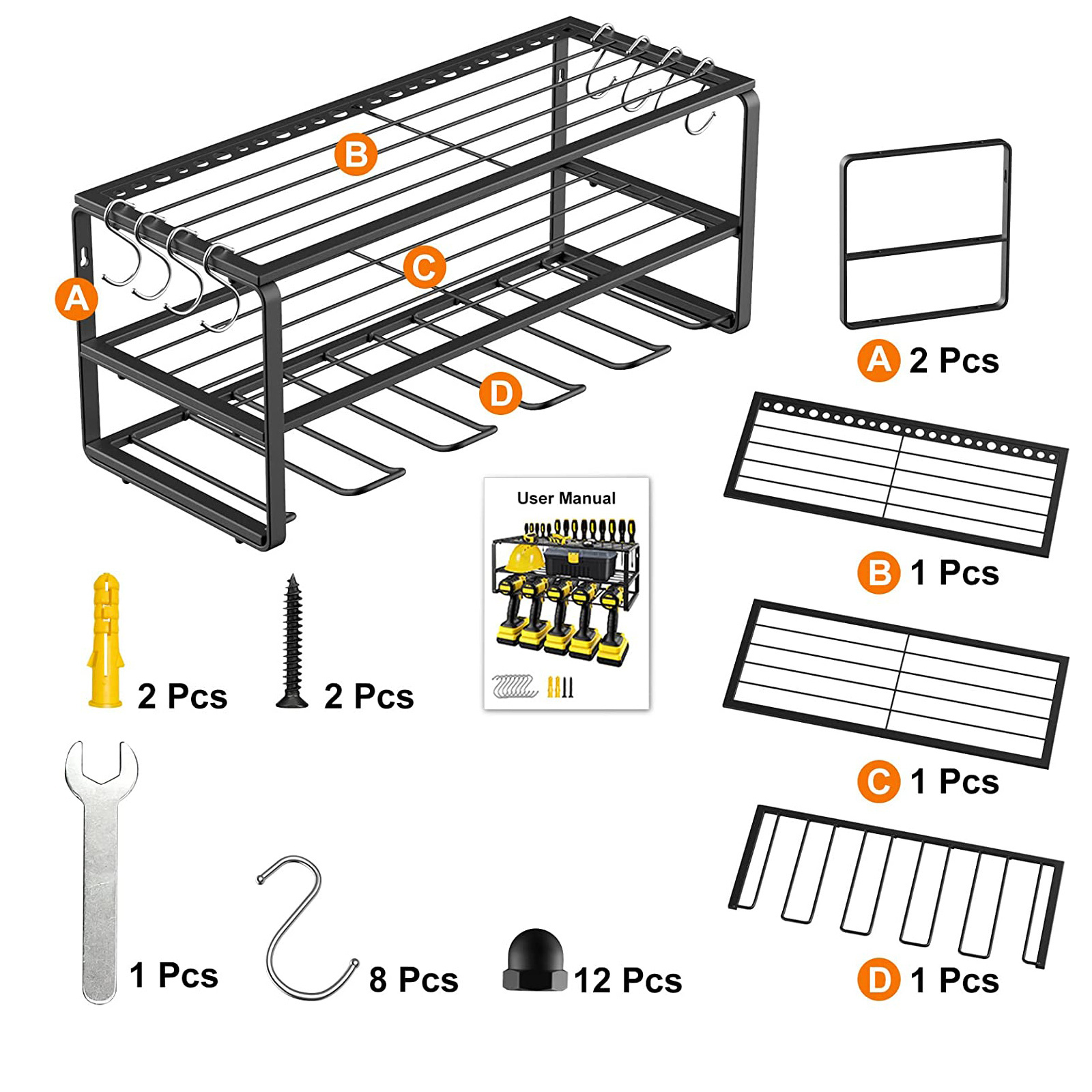 Metal Power Tool Organizer Holds Drill Holder Garage Tool Storage Rack Organizer Heavy Duty 5 Holes Floating Tool Shelf