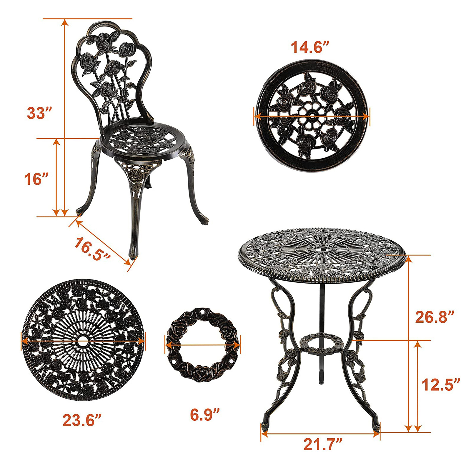 3-Piece Outdoor Bistro Set w/Rose Design Rust-Resistant Cast Outdoor Aluminum Garden Patio Table and Chair Set