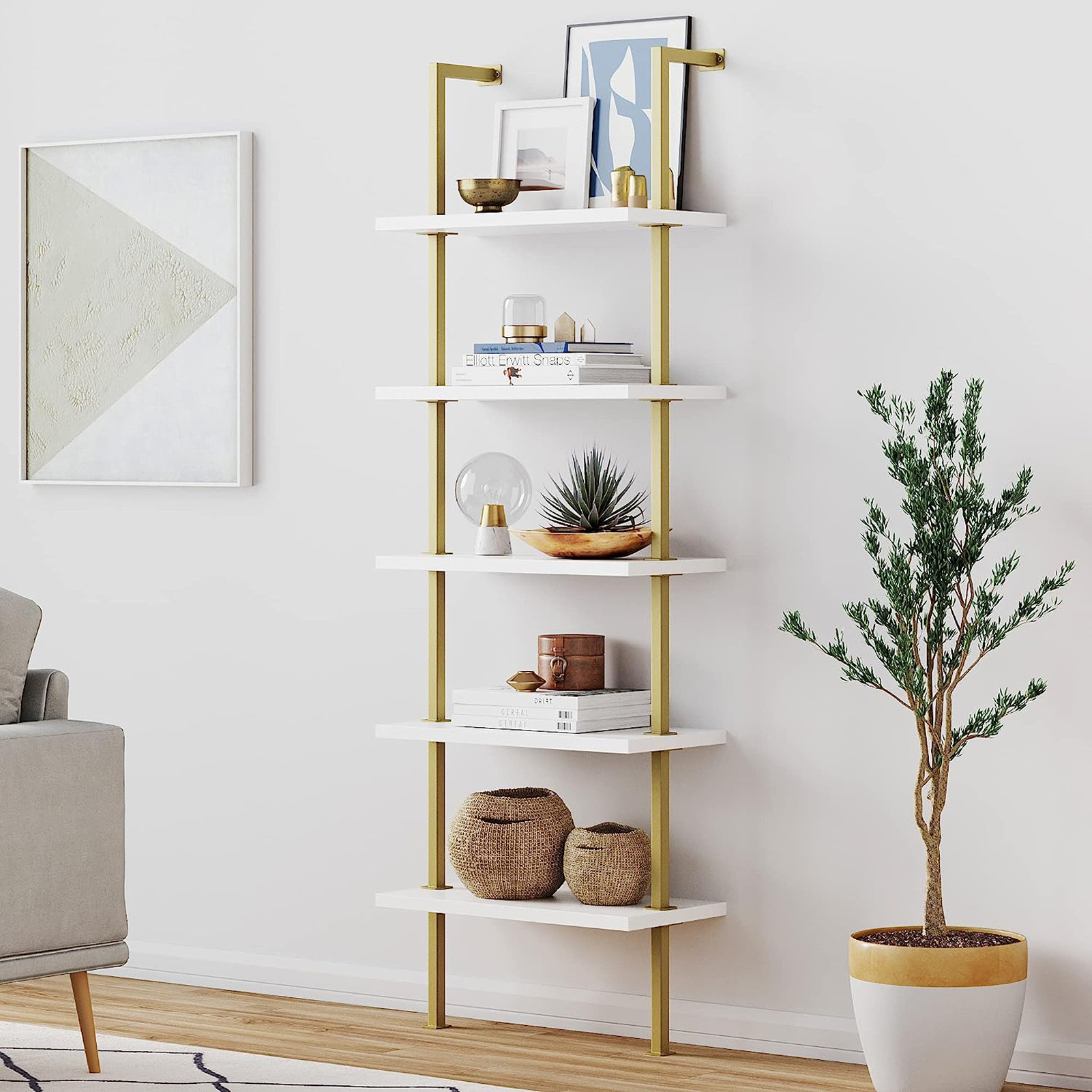 Theo 5-Shelf Modern Bookcase, Open Wall Mount Ladder Bookshelf with Industrial Metal Frame