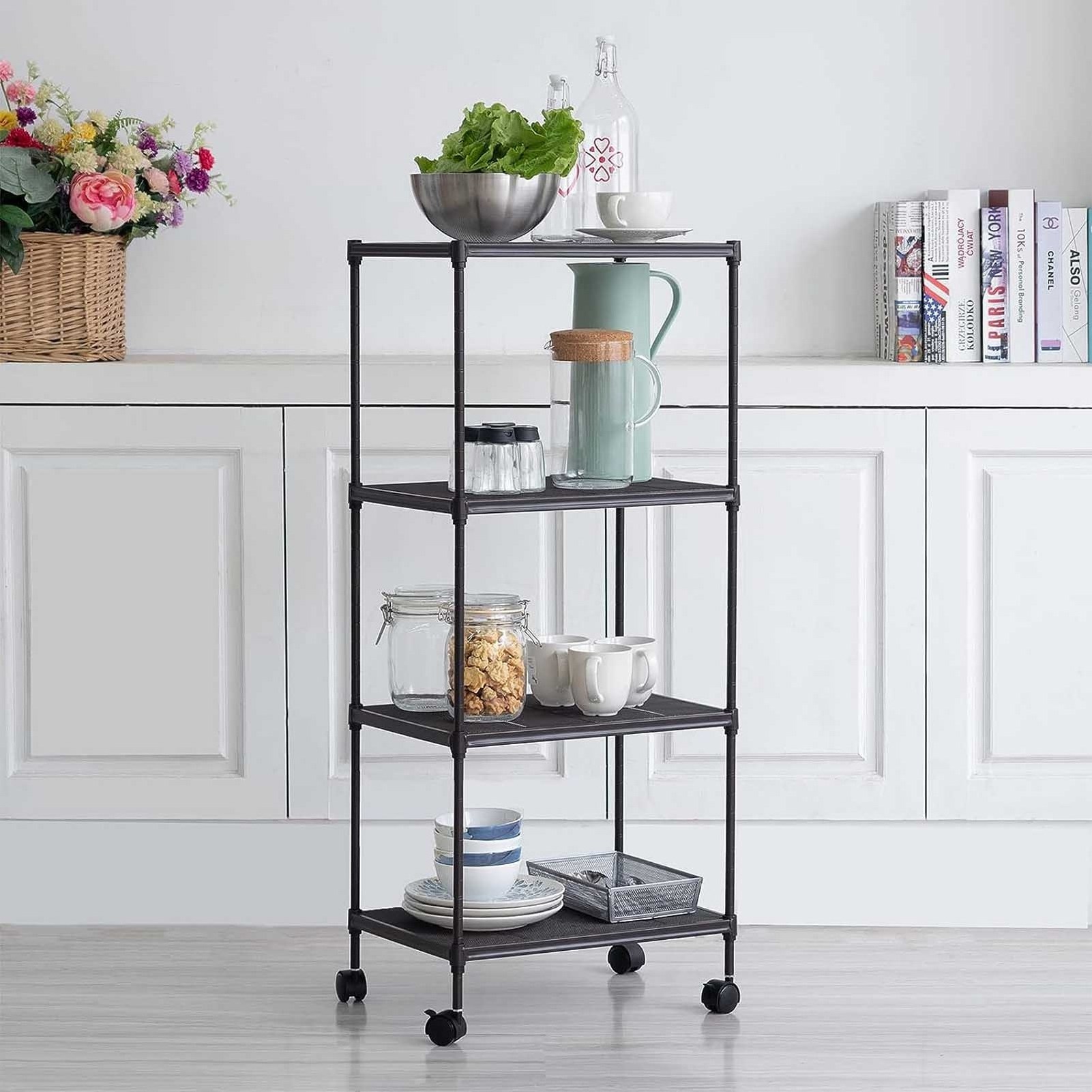 4-Tier Wire Storage Shelves Adjustable Shelving Units with Wheels Steel Metal Storage Rack for Kitchen Pantry Closet Laundry