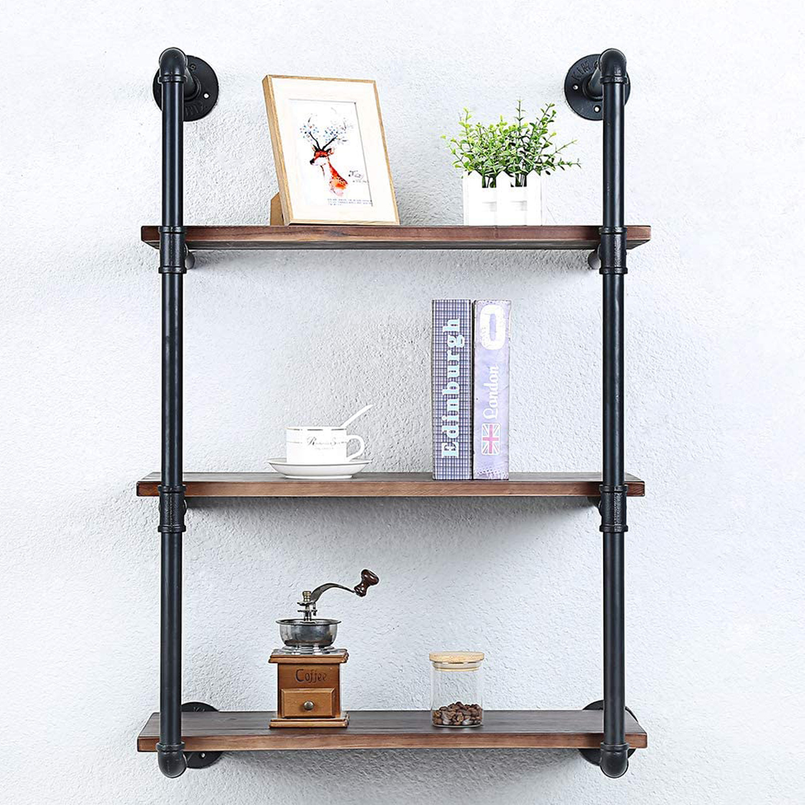 3 Tier Wall Shelf Hanging Storage Furniture Metal Antique Industrial Vintage Rustic Solid Wood Mounted Wall Floating Shelves