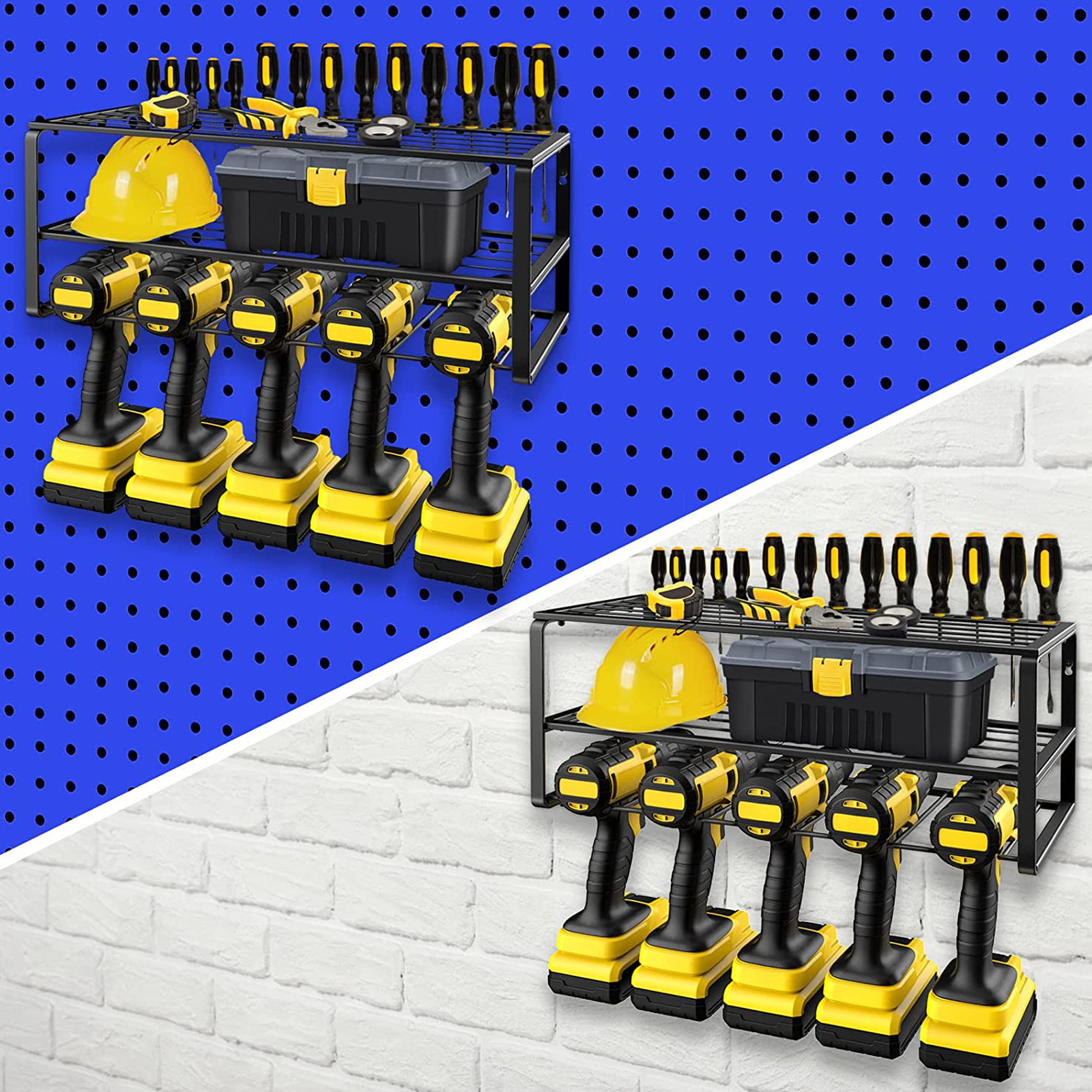 Metal Power Tool Organizer Holds Drill Holder Garage Tool Storage Rack Organizer Heavy Duty 5 Holes Floating Tool Shelf