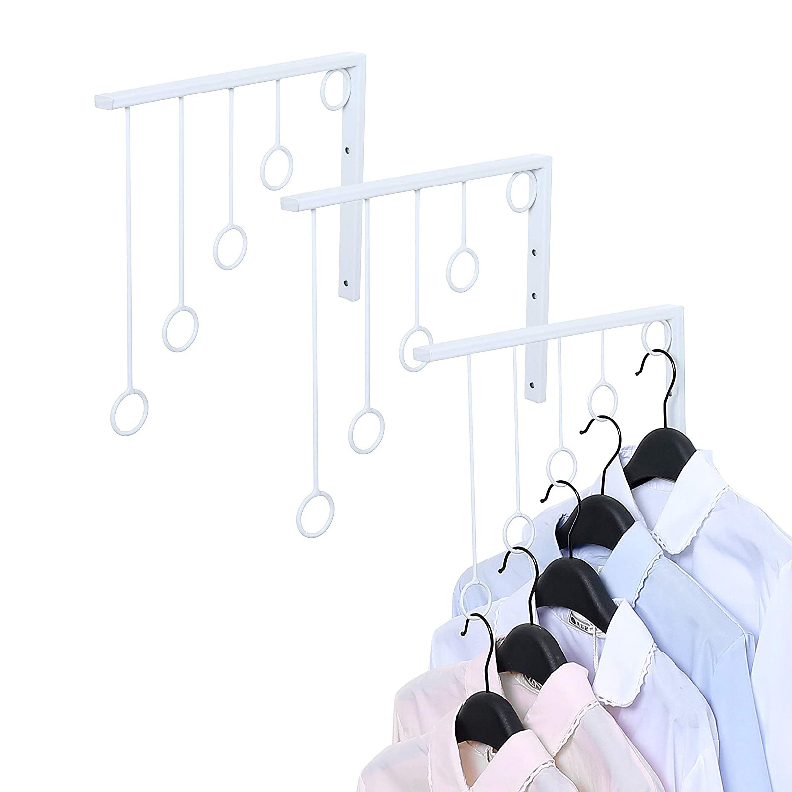 Creative Wall-mounted Metal Garment Rack Bedroom Closet Clothing Organizer with 5 Hanging Rings for Clothing Storage