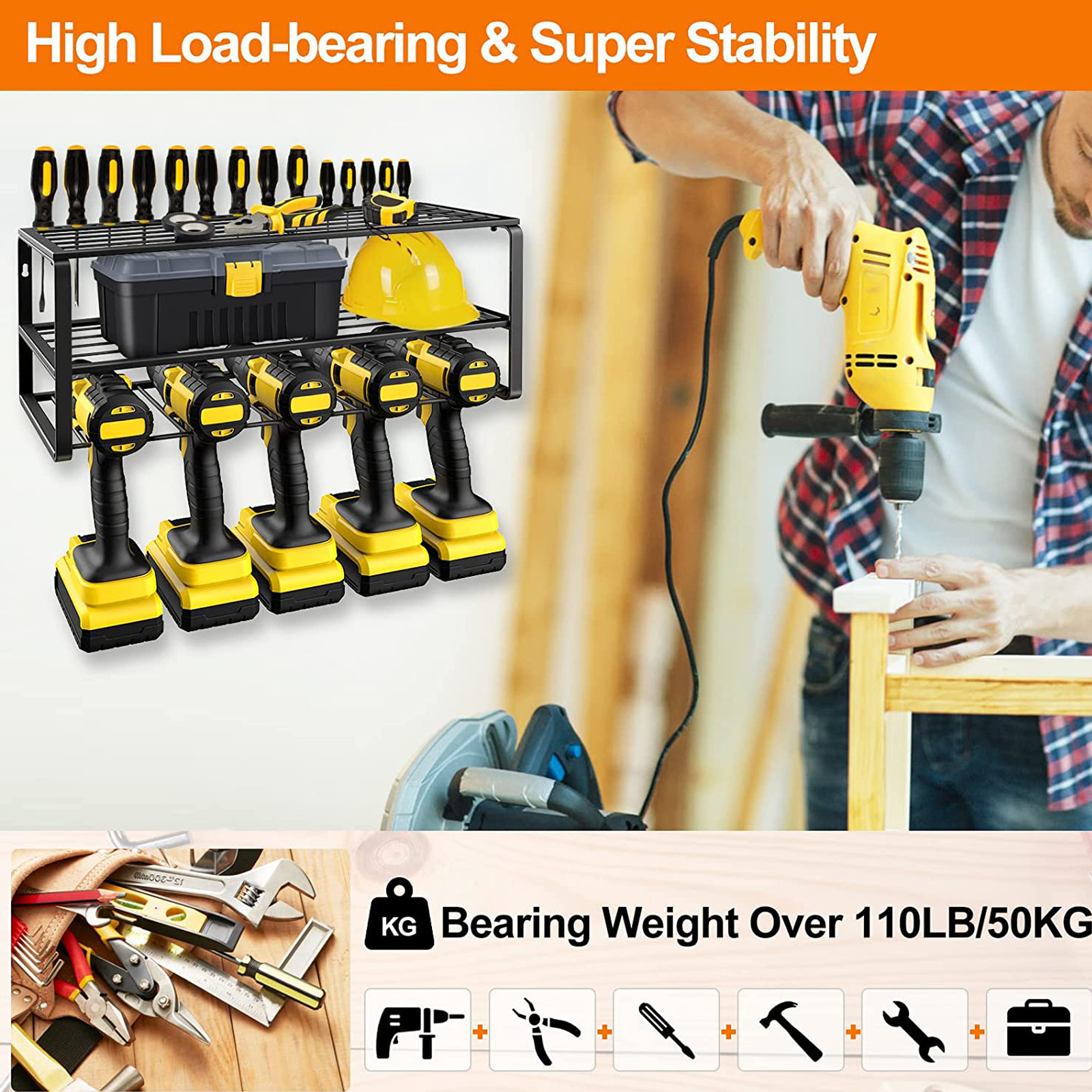 Metal Power Tool Organizer Holds Drill Holder Garage Tool Storage Rack Organizer Heavy Duty 5 Holes Floating Tool Shelf