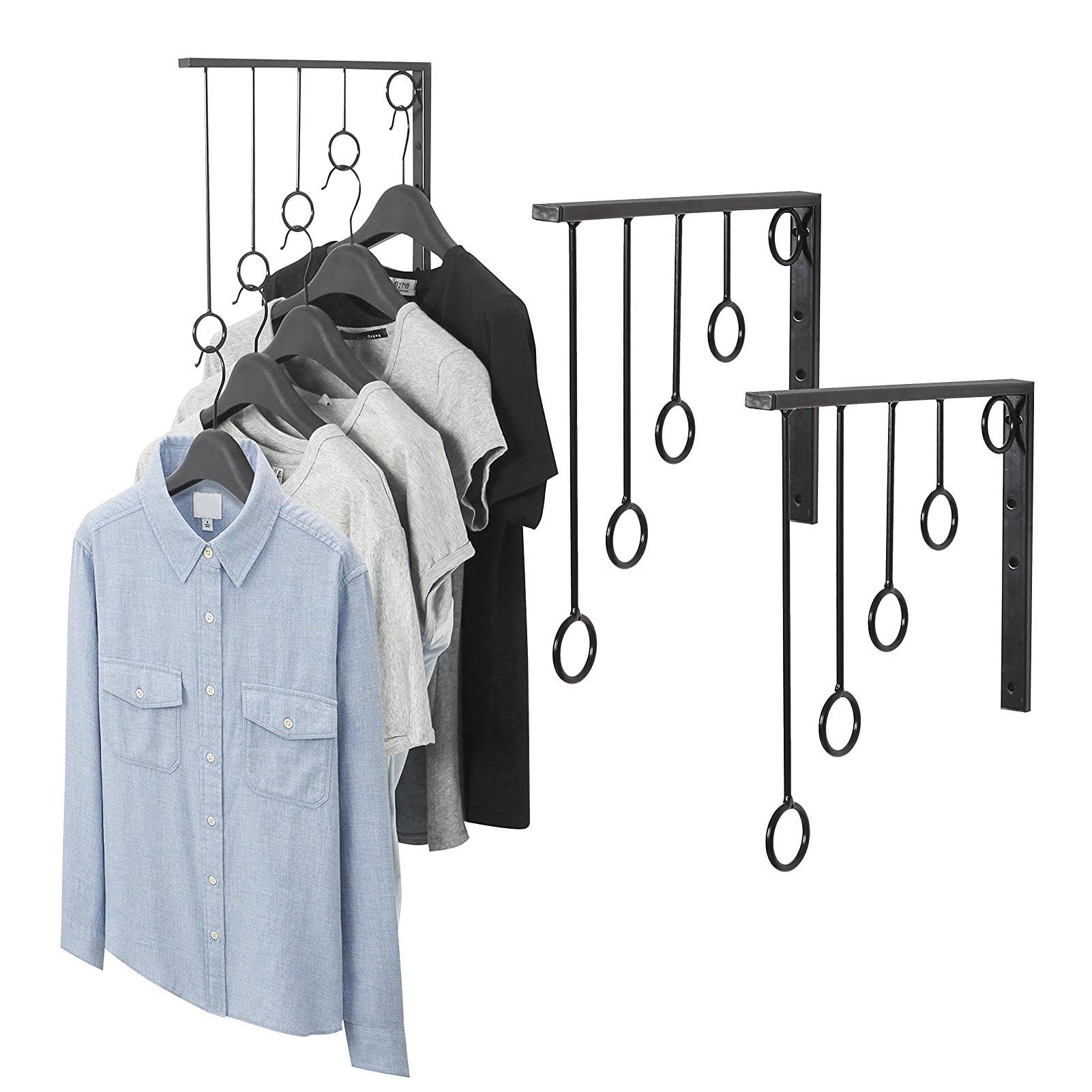 Creative Wall-mounted Metal Garment Rack Bedroom Closet Clothing Organizer with 5 Hanging Rings for Clothing Storage