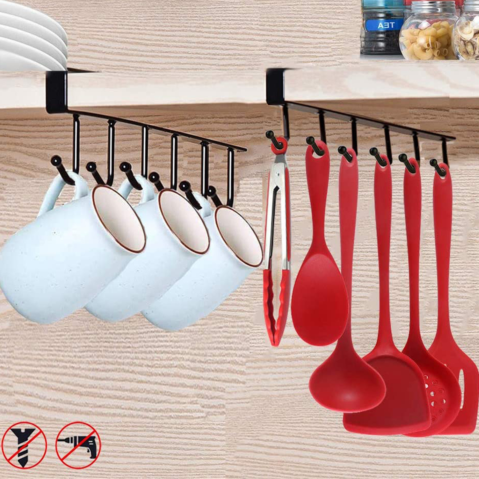 Wholesale Kitchen Organizer Storage Rack Cupboard Under-Cabinet Hanger With 6 Hooks Bathroom Shelves Shelf Mug Hooks