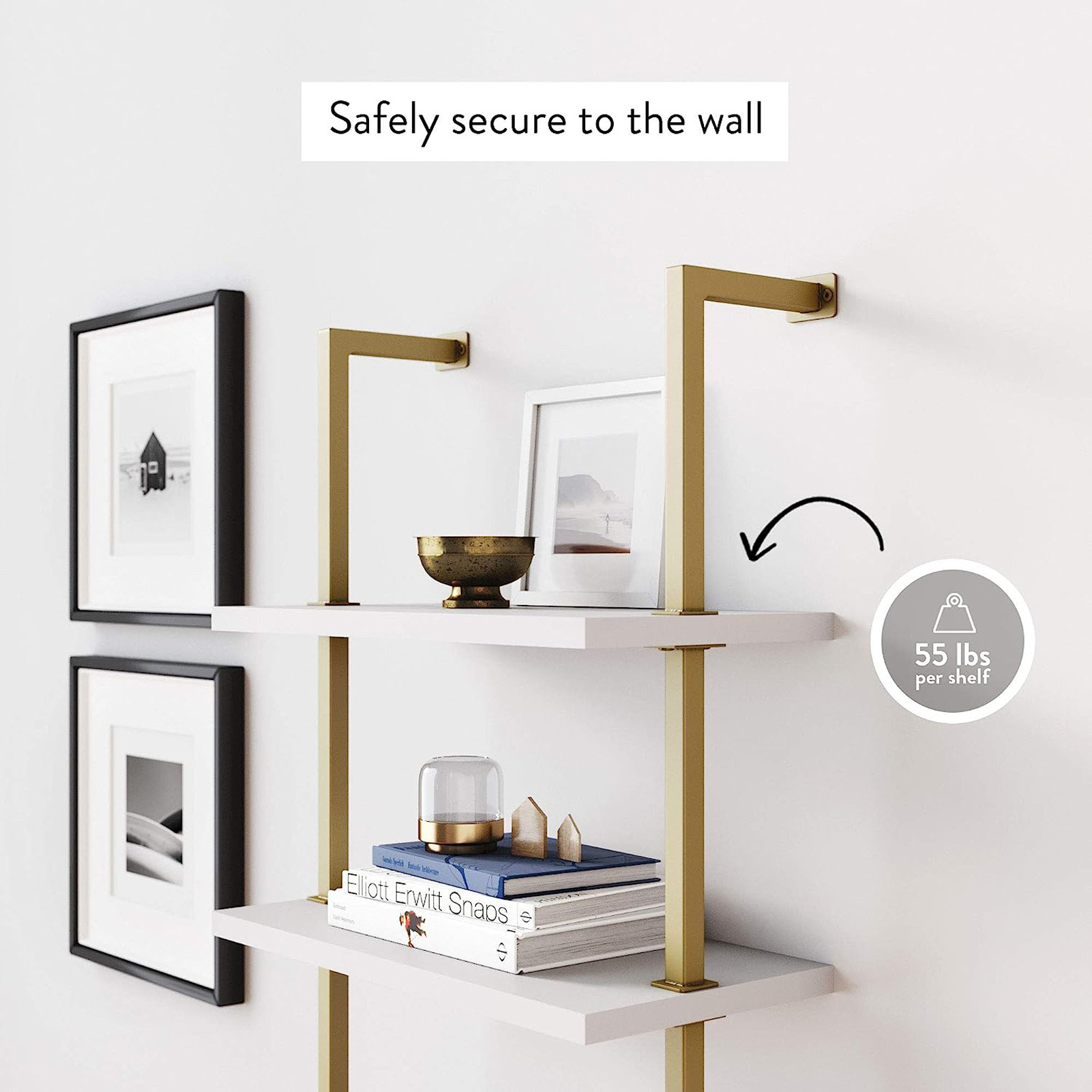 Theo 5-Shelf Modern Bookcase, Open Wall Mount Ladder Bookshelf with Industrial Metal Frame