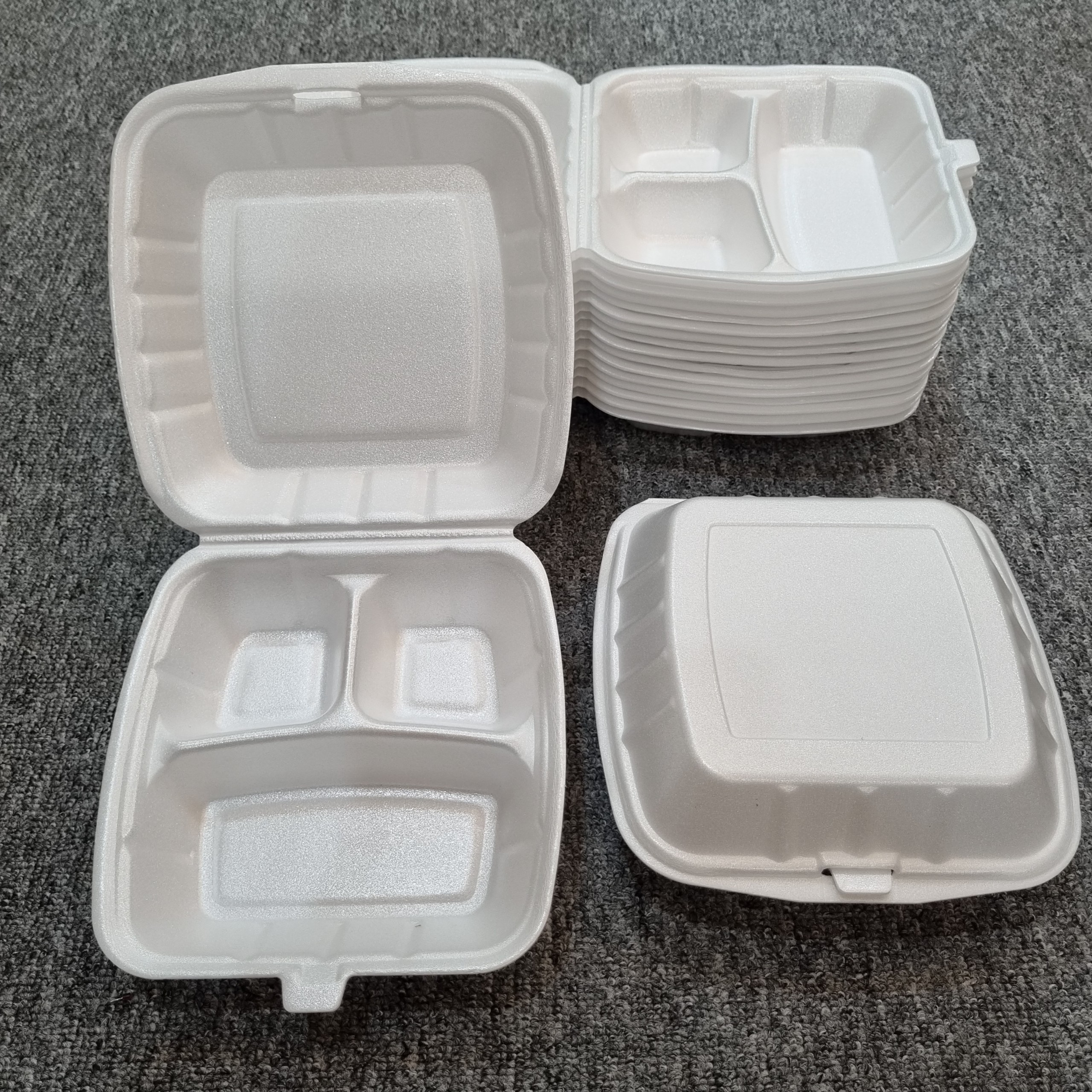 Factory in Vietnam Three compartments foam trays with hinged lid  lunch box/ fast food/ hamburger Disposable take away