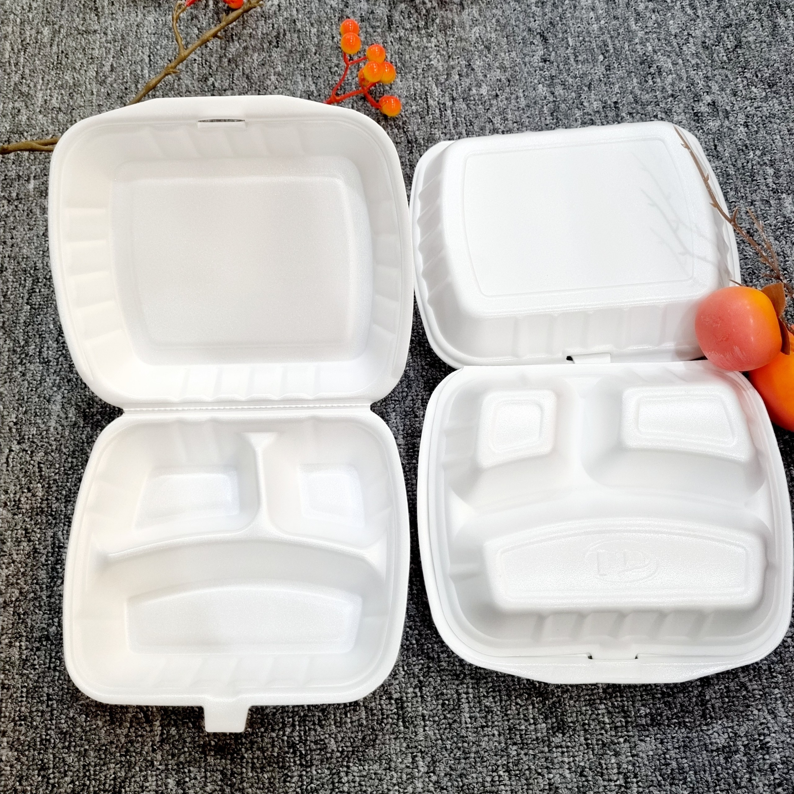 Factory in Vietnam Three compartments foam trays with hinged lid  lunch box/ fast food/ hamburger Disposable take away