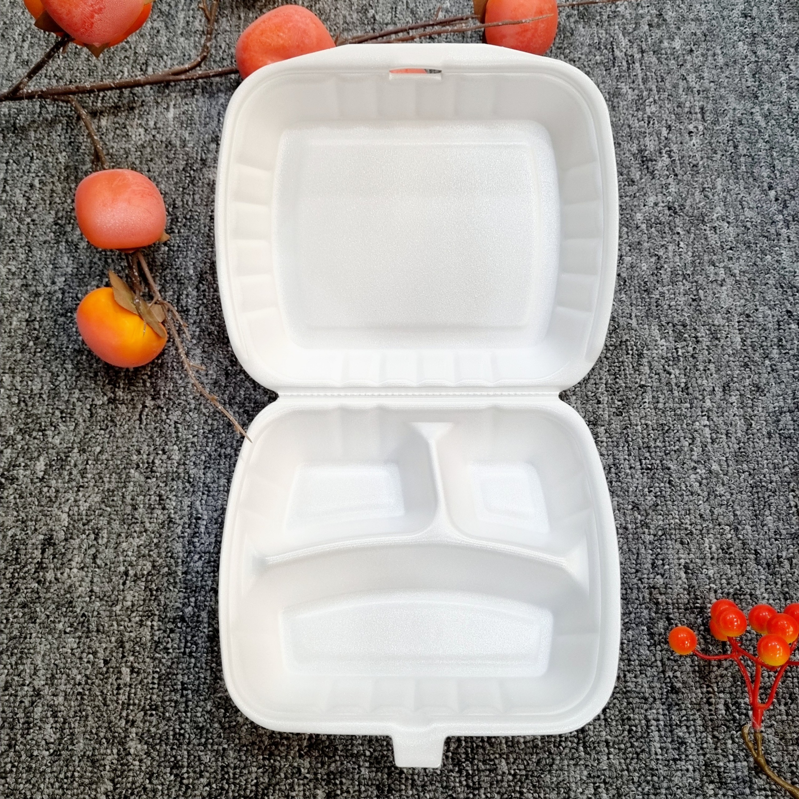 Factory in Vietnam Three compartments foam trays with hinged lid  lunch box/ fast food/ hamburger Disposable take away