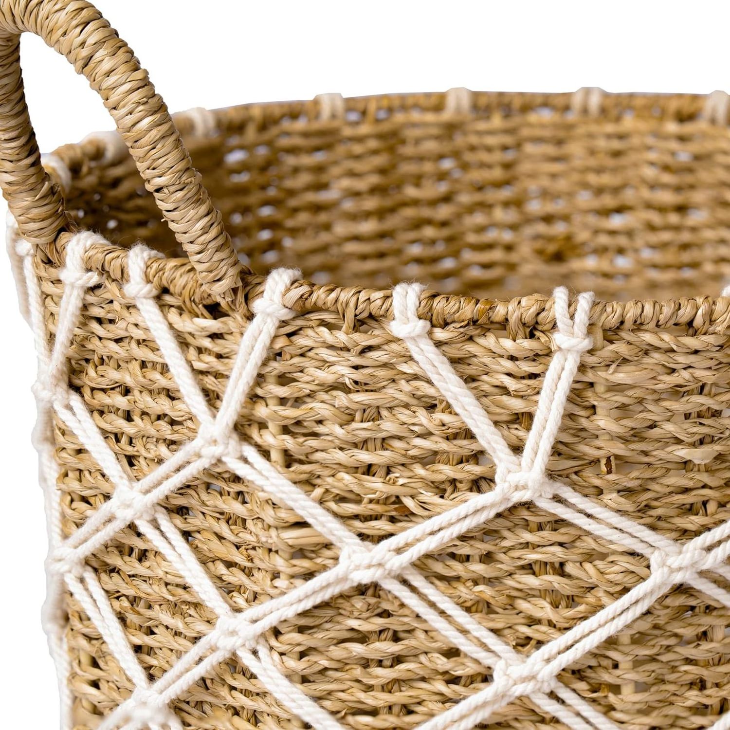 Set of 3 Eco-Friendly Natural Wicker Storage Baskets 100% round Boho Woven Tall Seagrass Plant Bins with Dimensional Tolerance