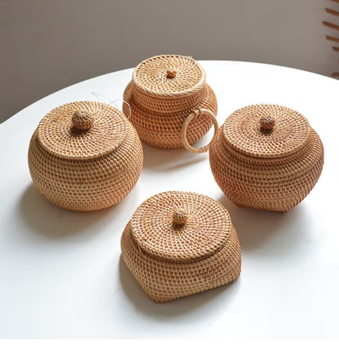 HOT AMAZON Set 4 Vietnam Handmade Natural Rattan House Kitchen Decor Storage Baskets with Lid