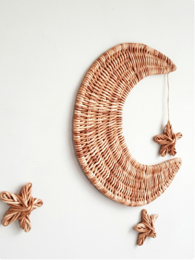 100% HANDMADE Crescent Moon wall basket, Boho Wall Art for Kids, Moon and star wall hanging from Vietnamese wholesale