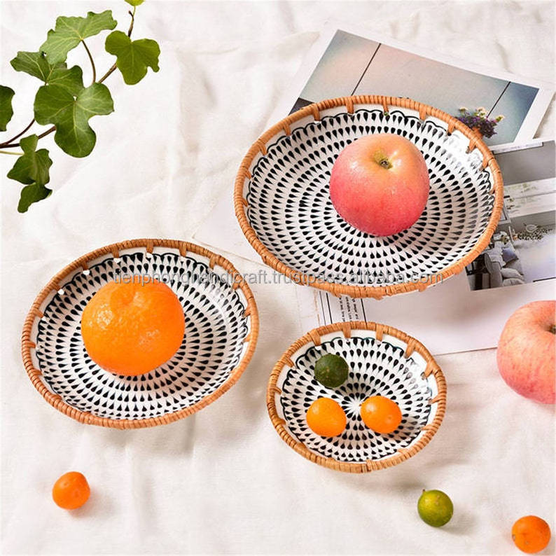 Vintage rattan plate set dinnerware porcelain ceramic crockery