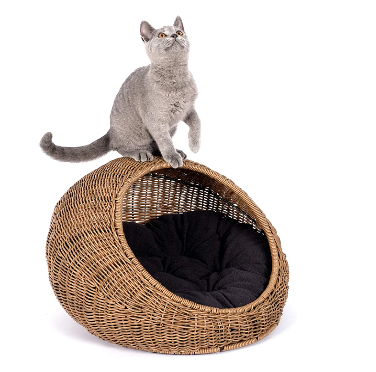 NEW PRODUCT Cute Wicker Cat Bed - a Covered Cat Hideaway Hut of Rattan Houses Pets in Dome Basket, Washable