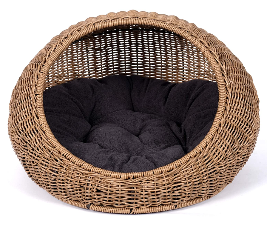 NEW PRODUCT Cute Wicker Cat Bed - a Covered Cat Hideaway Hut of Rattan Houses Pets in Dome Basket, Washable