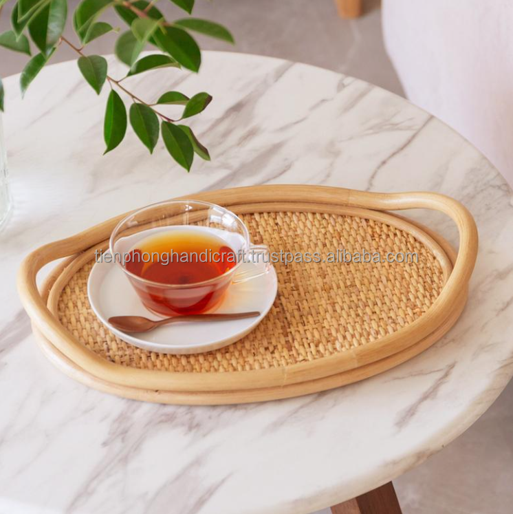 Set of 2 Oval Rattan Trays with Handle Made in Vietnam | High Quality Natural Tray for Kitchen Hot Sale Amazon