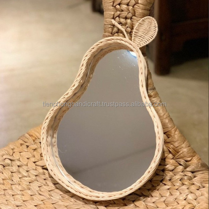 Fruit Shape Rattan Mirror For Bathroom Modern Decorative Wall Hanging Mirror Woven Rattan Bronze