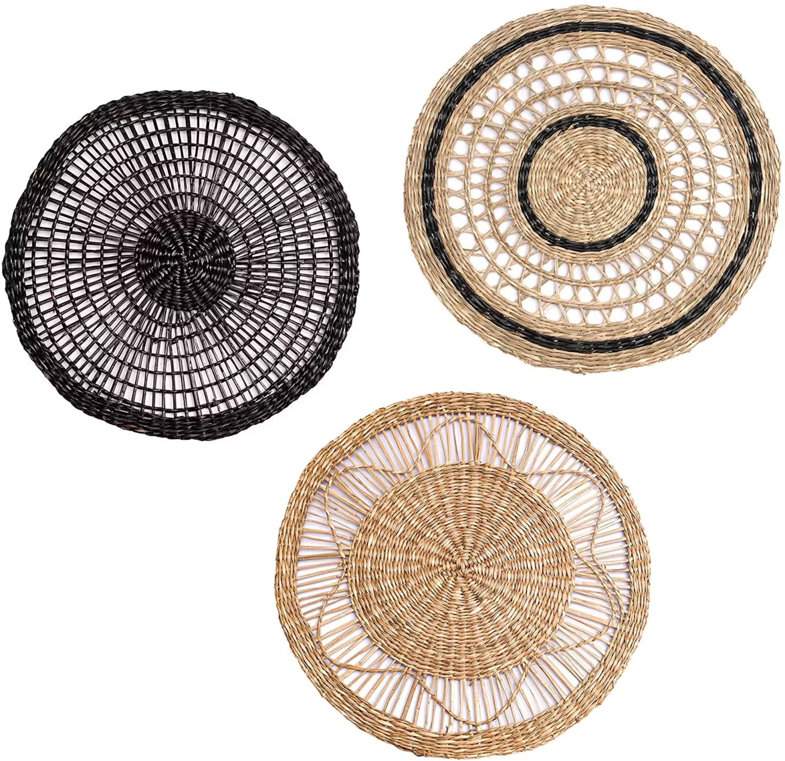 Set 3 Seagrass baskets plate with paper eco friendly handicraft seagrass woven basket wall hanging decor