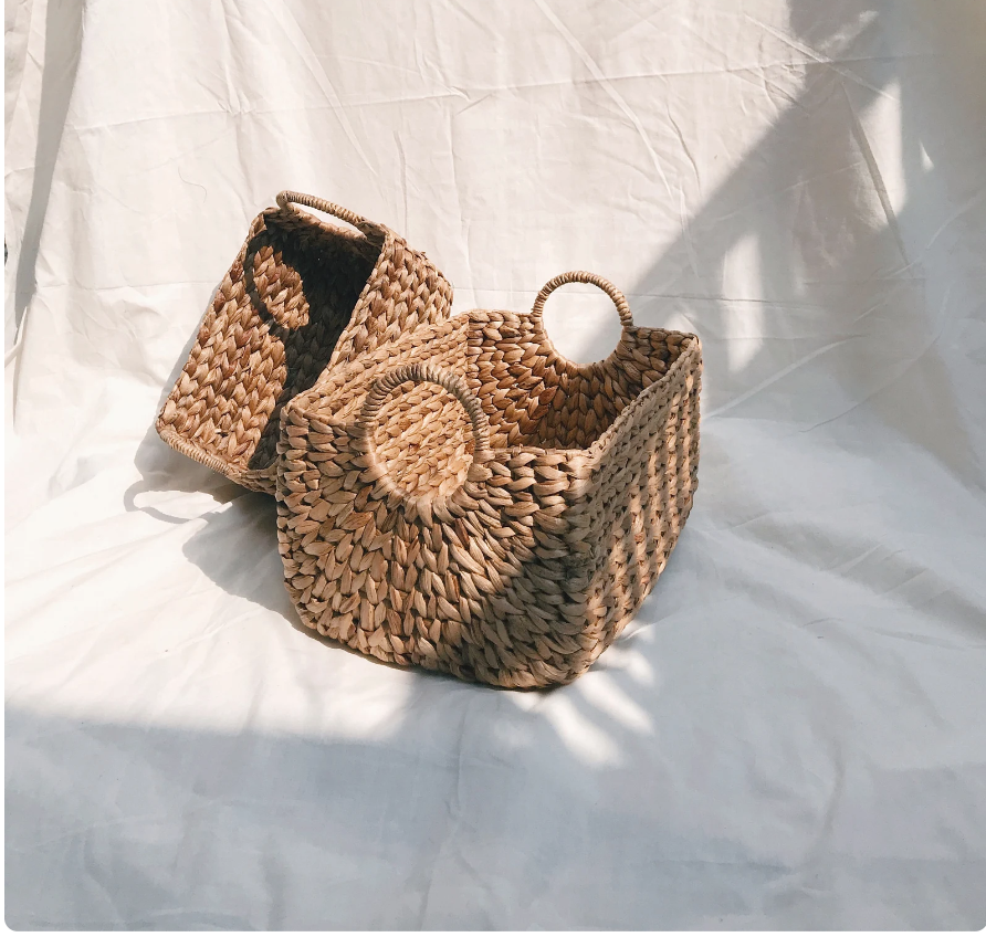 Set 2 Sustainable Vietnam Handmade Rectangular Water Hyacinth Storage Baskets with Round Handles