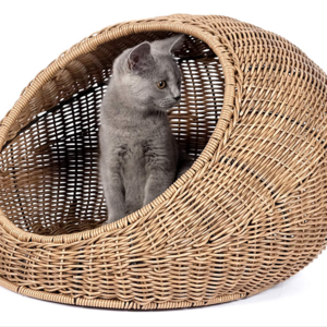 NEW PRODUCT Cute Wicker Cat Bed - a Covered Cat Hideaway Hut of Rattan Houses Pets in Dome Basket, Washable