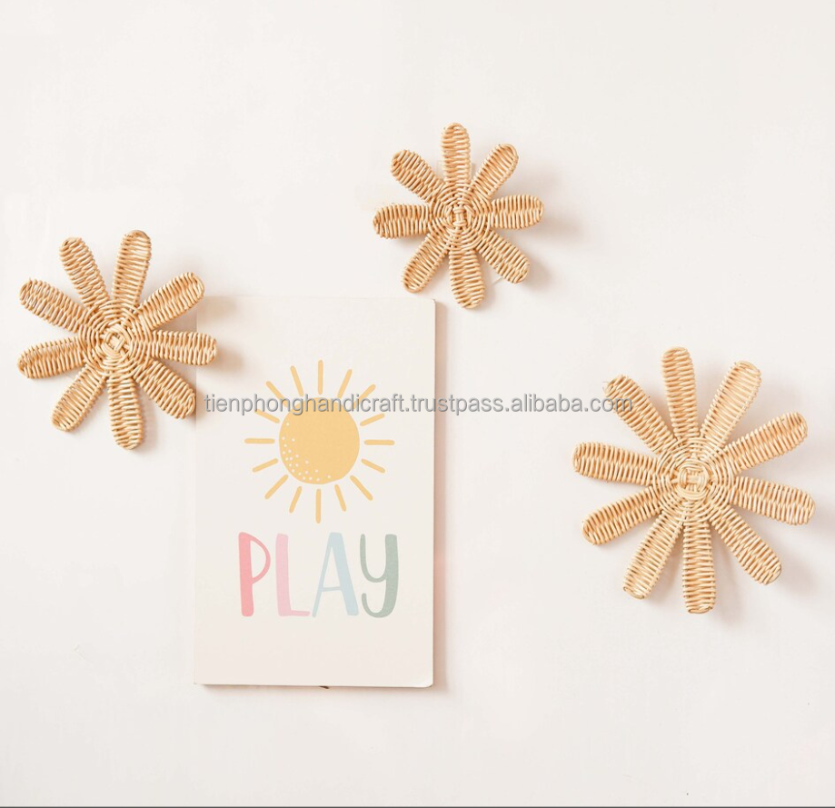 Set of 3 Rattan Flowers Nursery Wall Decor, Boho Girl Nursery Decor | Birthday Gift for Your Baby | Tienphong Handicrafts