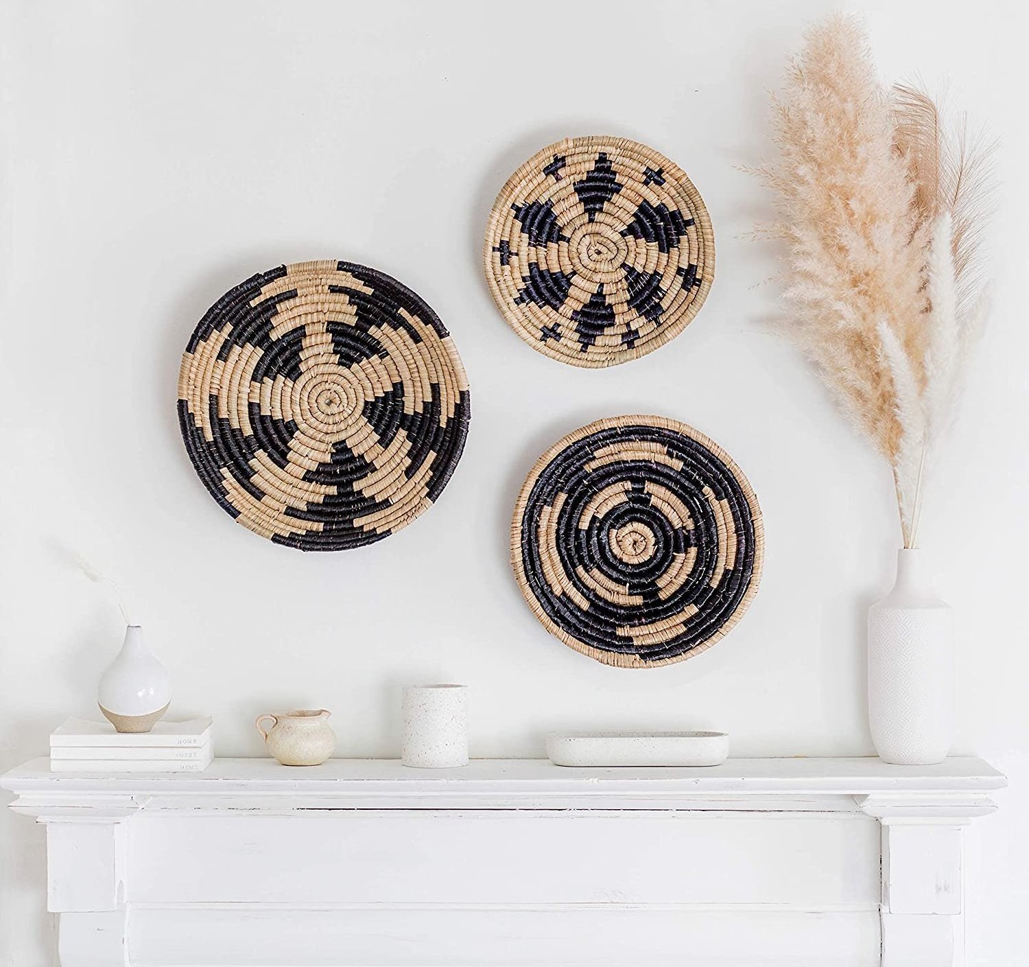 Wicker Wall Decor Set of 3 Oversized Woven Seagrass Wall Plaques, Unique Wall Art for a Bedroom, Living Room