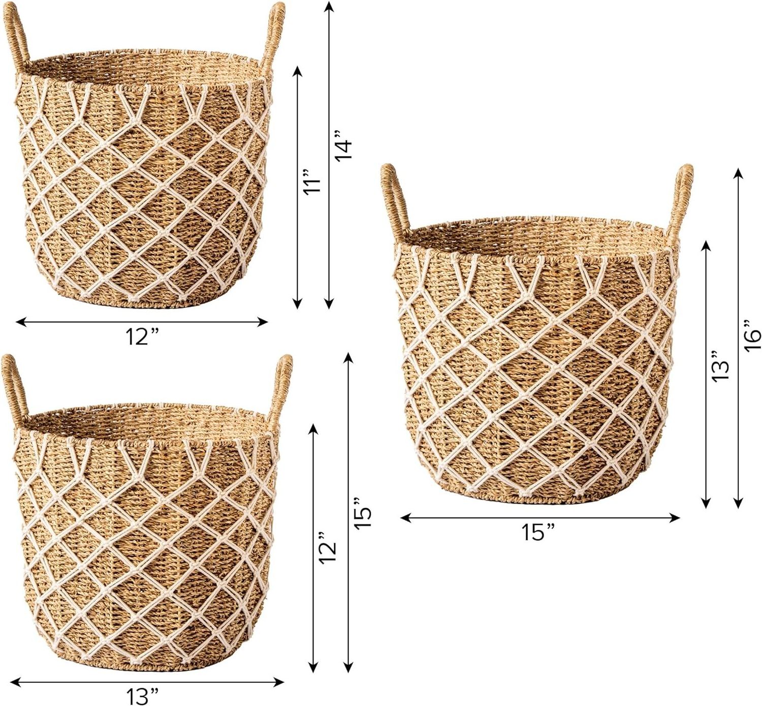 Set of 3 Eco-Friendly Natural Wicker Storage Baskets 100% round Boho Woven Tall Seagrass Plant Bins with Dimensional Tolerance