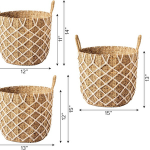 Set of 3 Eco-Friendly Natural Wicker Storage Baskets 100% round Boho Woven Tall Seagrass Plant Bins with Dimensional Tolerance