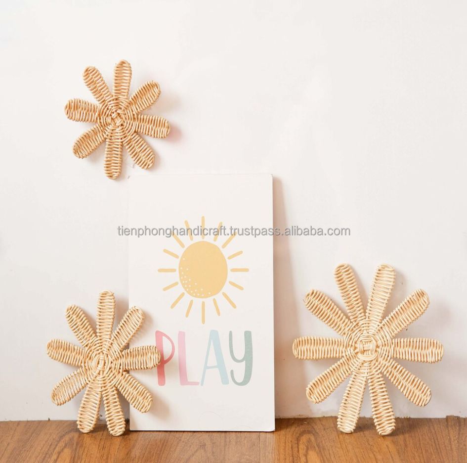 Set of 3 Rattan Flowers Nursery Wall Decor, Boho Girl Nursery Decor | Birthday Gift for Your Baby | Tienphong Handicrafts