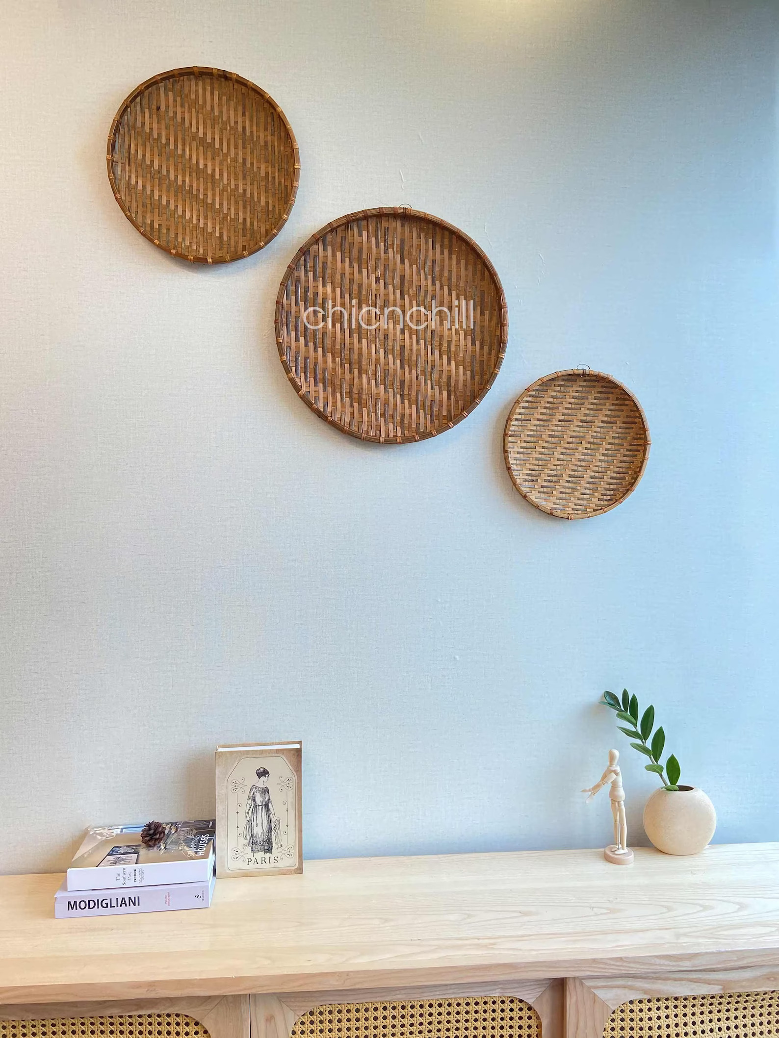 Set 3 Seagrass baskets plate with paper eco friendly handicraft seagrass woven basket wall hanging decor