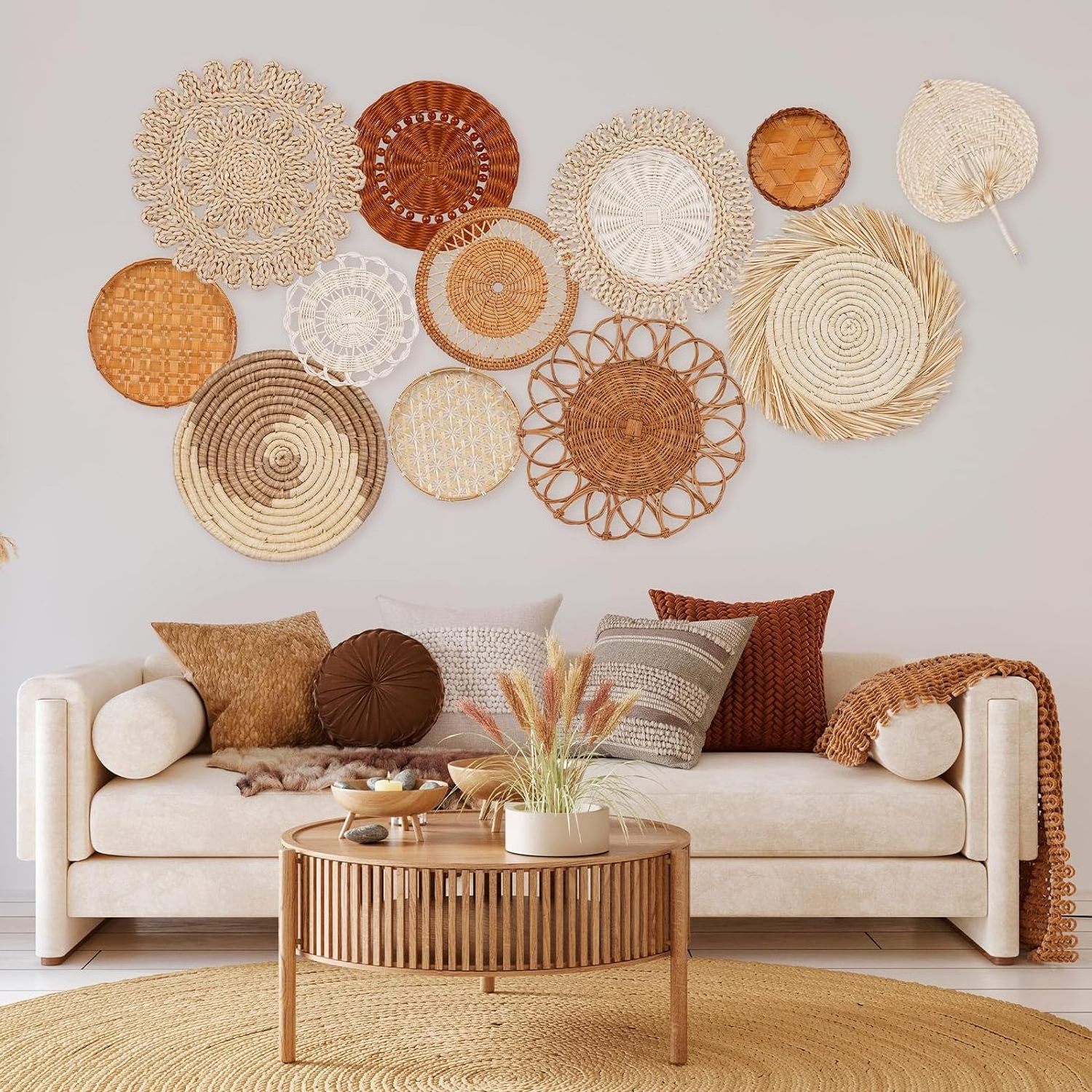 Boho Basket Wall Decor Set of 13, Large Wall Basket Decorn | Rattan Round Wicker Wall Art for Farmhouse Bedroom | Christmas Gift