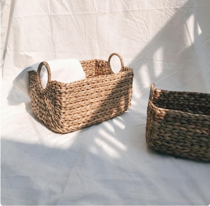 Set 2 Sustainable Vietnam Handmade Rectangular Water Hyacinth Storage Baskets with Round Handles