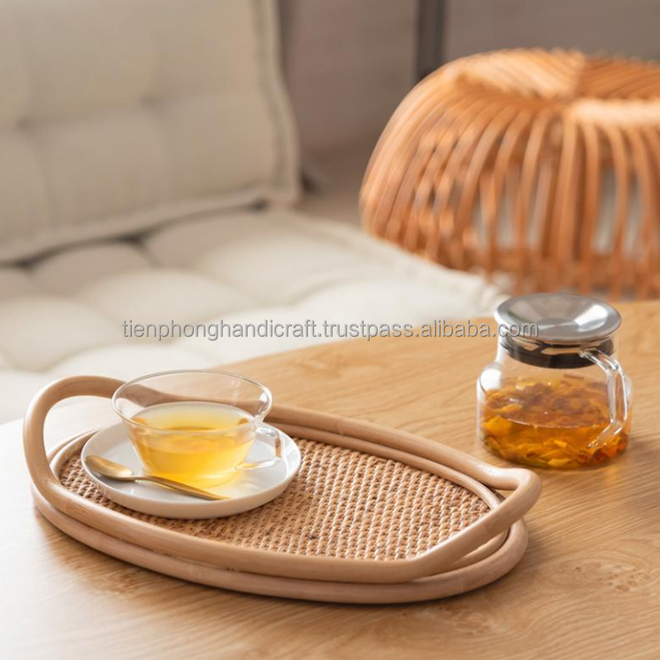 Set of 2 Oval Rattan Trays with Handle Made in Vietnam | High Quality Natural Tray for Kitchen Hot Sale Amazon