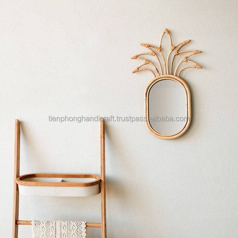 Fruit Shape Rattan Mirror For Bathroom Modern Decorative Wall Hanging Mirror Woven Rattan Bronze