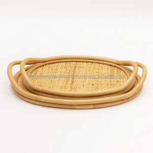 Set of 2 Oval Rattan Trays with Handle Made in Vietnam | High Quality Natural Tray for Kitchen Hot Sale Amazon