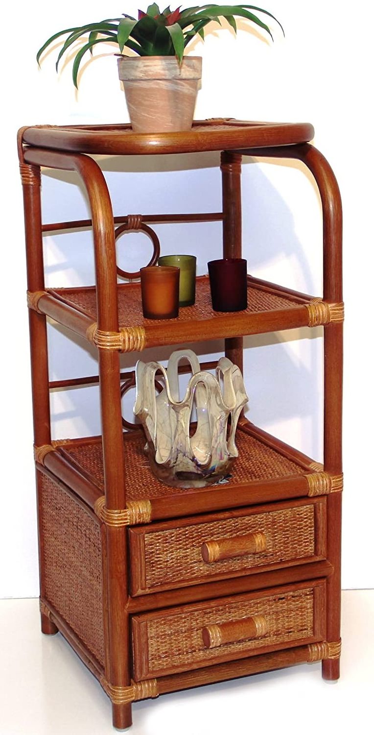 Popular metal shelf and woven rattan drawer cabinet stand with 3 tier plastic wicker basket