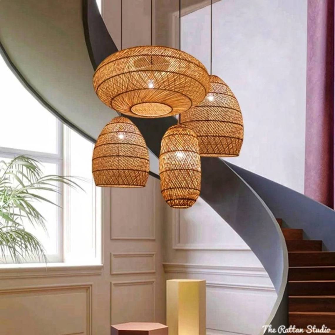 PERFECT NATURAL Bamboo Pendant Light Rattan Bamboo Weaving Kitchen Living Room Decor Indoor Pendant Lamps LED Light