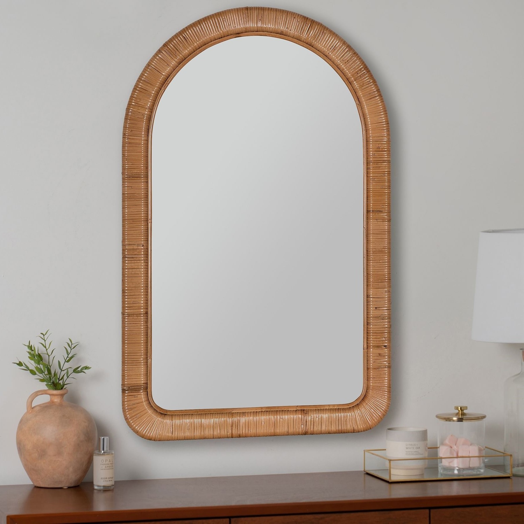 BEST SELLER! Wholesale Boho Brooke Rattan Arch Wall Mirror for Chic Interiors Living Room Bedroom Hallway Entryway Decor