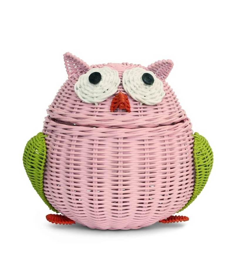 Pink Owl Rattan Storage Basket with Lid - Decorative Home Decor, Hand-Woven Shelf Organizer, Cute Handmade Handcrafted Gift