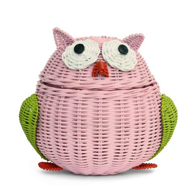 Pink Owl Rattan Storage Basket with Lid - Decorative Home Decor, Hand-Woven Shelf Organizer, Cute Handmade Handcrafted Gift