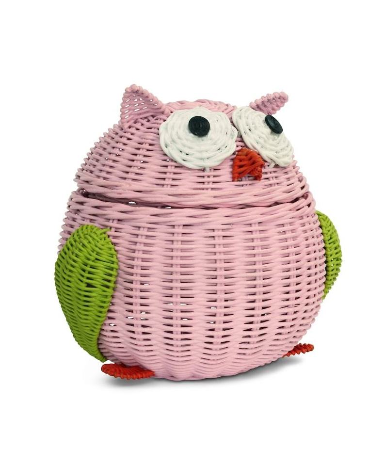 Pink Owl Rattan Storage Basket with Lid - Decorative Home Decor, Hand-Woven Shelf Organizer, Cute Handmade Handcrafted Gift