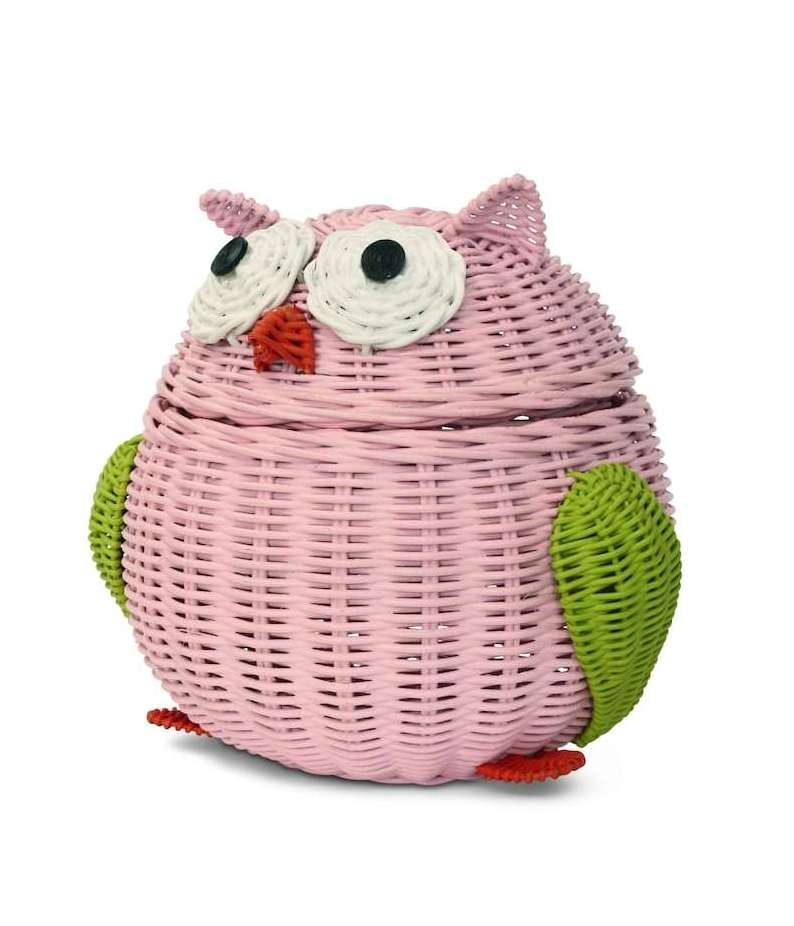 Pink Owl Rattan Storage Basket with Lid - Decorative Home Decor, Hand-Woven Shelf Organizer, Cute Handmade Handcrafted Gift