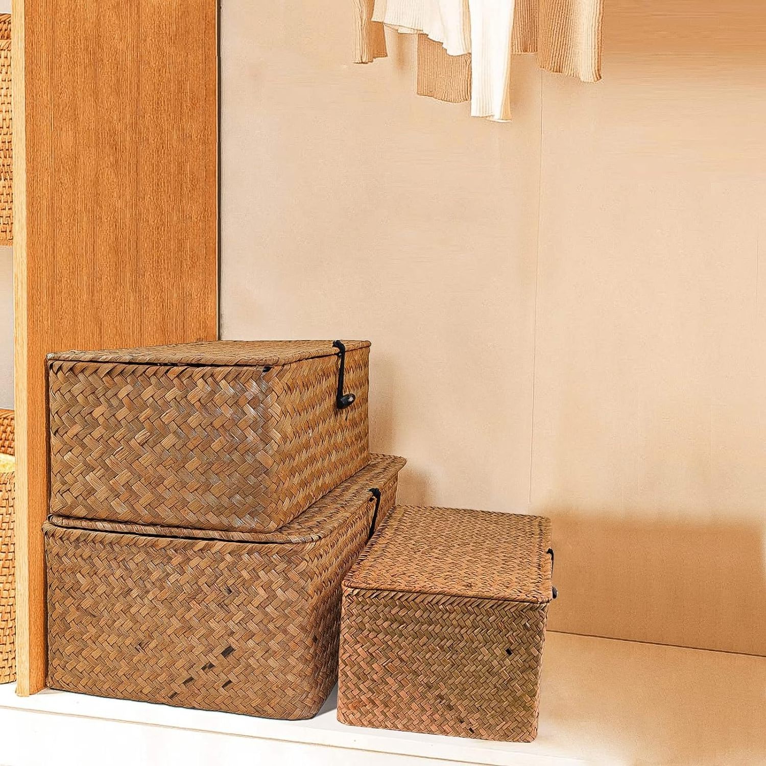 NEW! Tienphong Wholesale Handmade Bamboo Storage Basket Woven Rattan Storage Box with Lids Seagrass Laundry Baskets Organizer