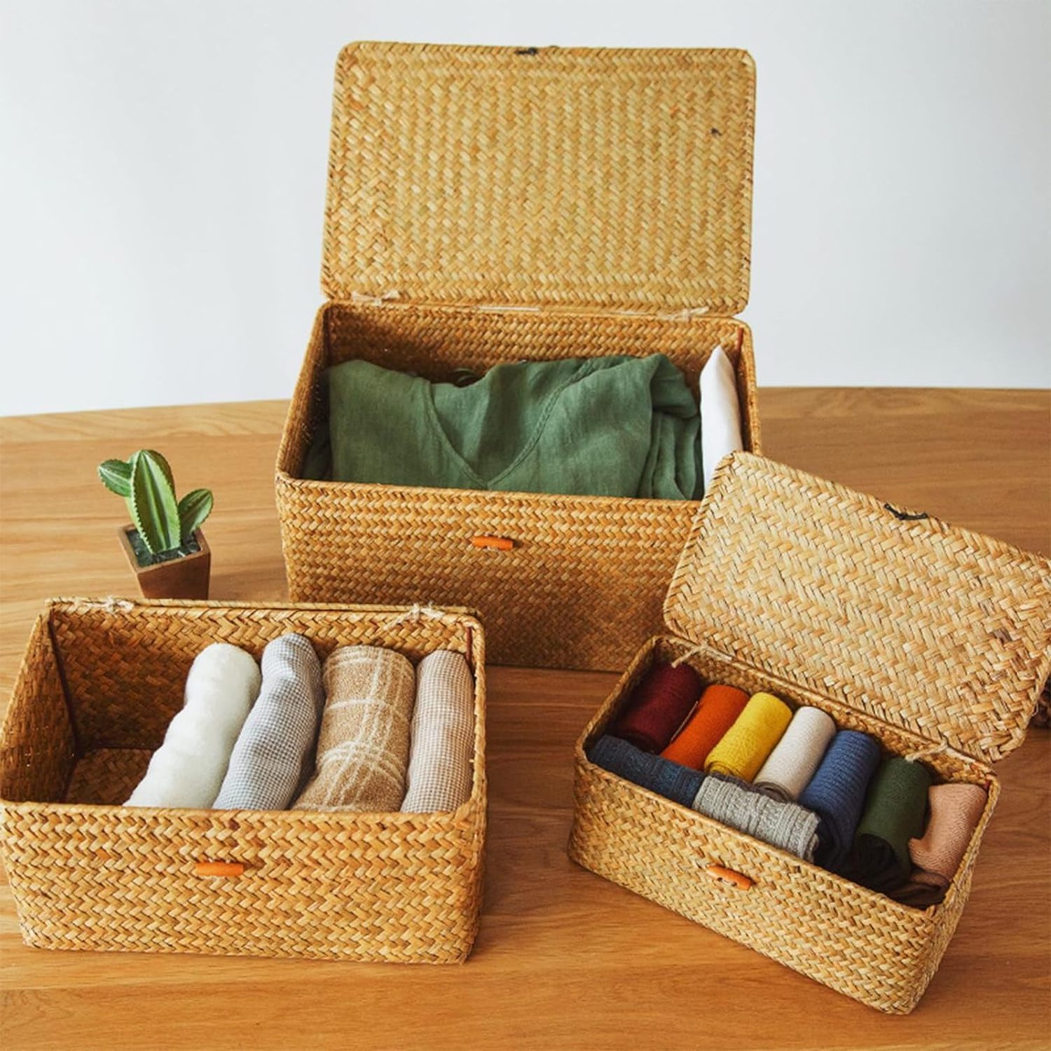 NEW! Tienphong Wholesale Handmade Bamboo Storage Basket Woven Rattan Storage Box with Lids Seagrass Laundry Baskets Organizer