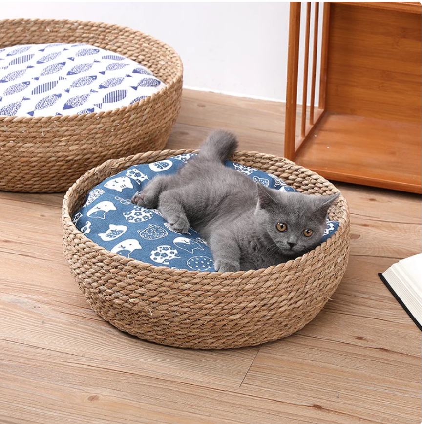 Handmade round Brown organic Cat bed straw pet bed pet supplies four seasons universal washable