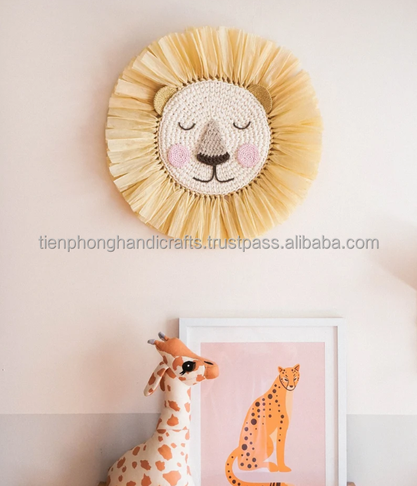 Yellow Lion Seagrass With Pink Cheeks | Cute Kid Toy, Decorative Wall Hanging, Nursery Decor, Eco-friendly Gift for Kid