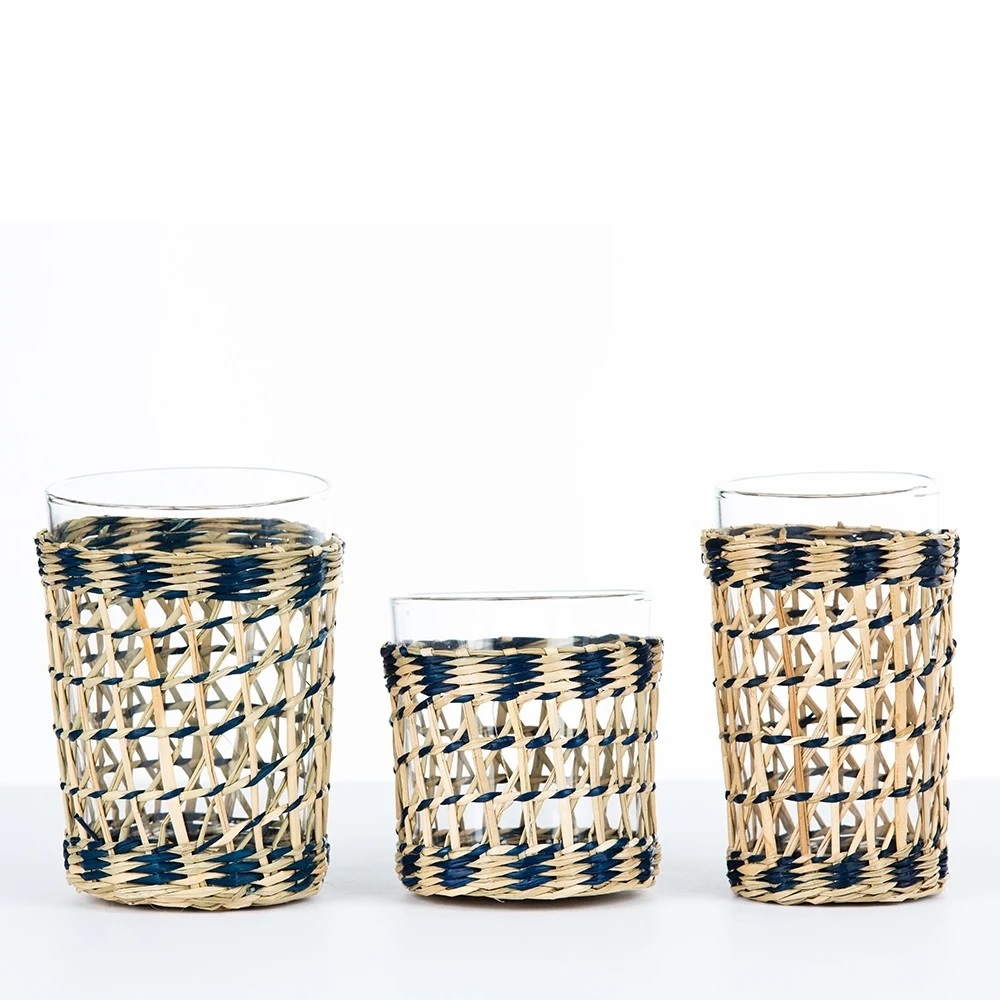 Set of 3 Handmade Woven Seagrass Water Tumbler, Highball Tumbler and Juice Cup Decor Table Party